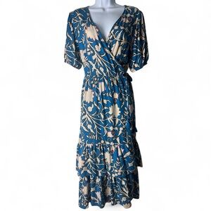 Knox Rose – Women's Floral Ruffled‎ Tiered Wrap Midi Dress blue cream – Sz. M